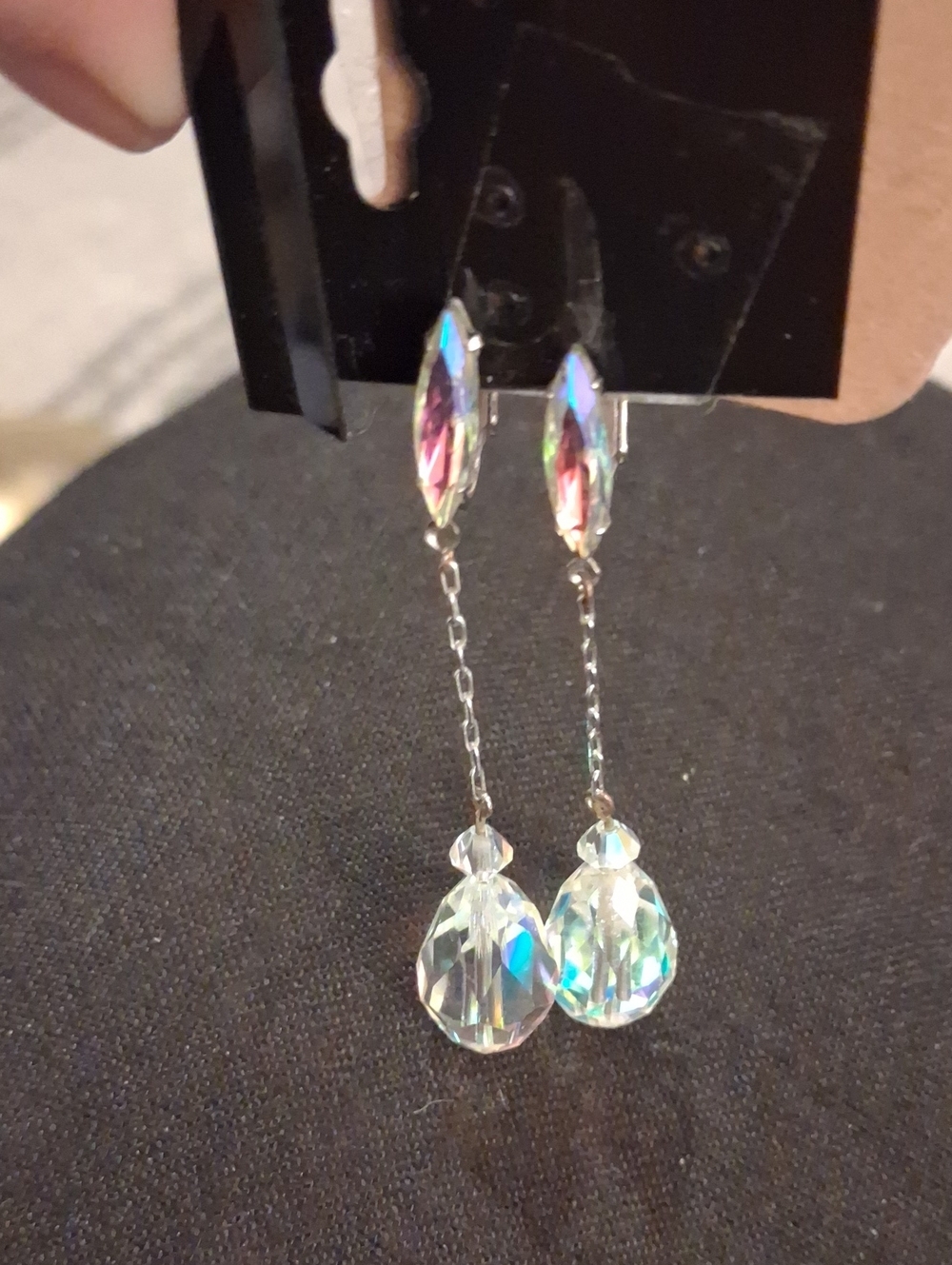 Vintage Clip Silver Crystal Dangle Earrings in Iridescent Clear - Picture 9 of 9
